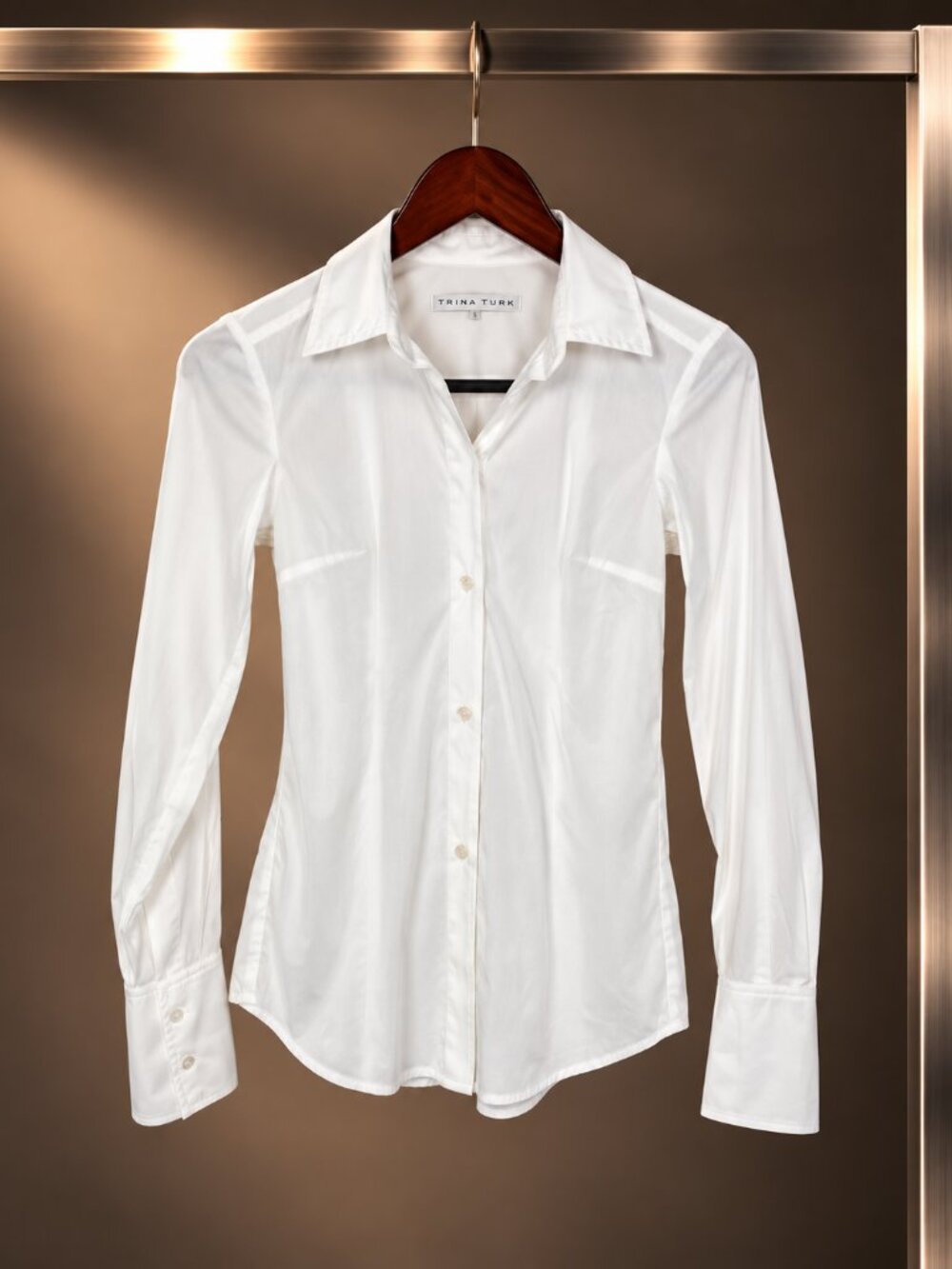 Trina Turk White Stretch Cotton Button Down Shirt Hidden Placket Wide Cuff XS